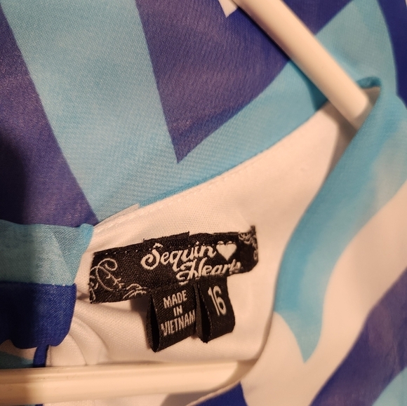 Sequin Hearts Dress Royal Blue Turquoise White Stripes 16 Girls Asymmetrical Hem - Picture 10 of 12